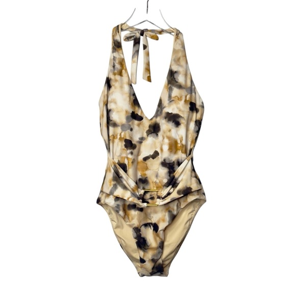 NEW BCBG MaxAzria V Plunge Belted Women’s One Piece Halter Swimsuit Sz 6 - Picture 1 of 11